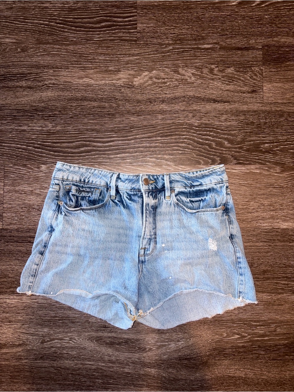 Good American Light Blue Distressed Denim Cutoff Shorts